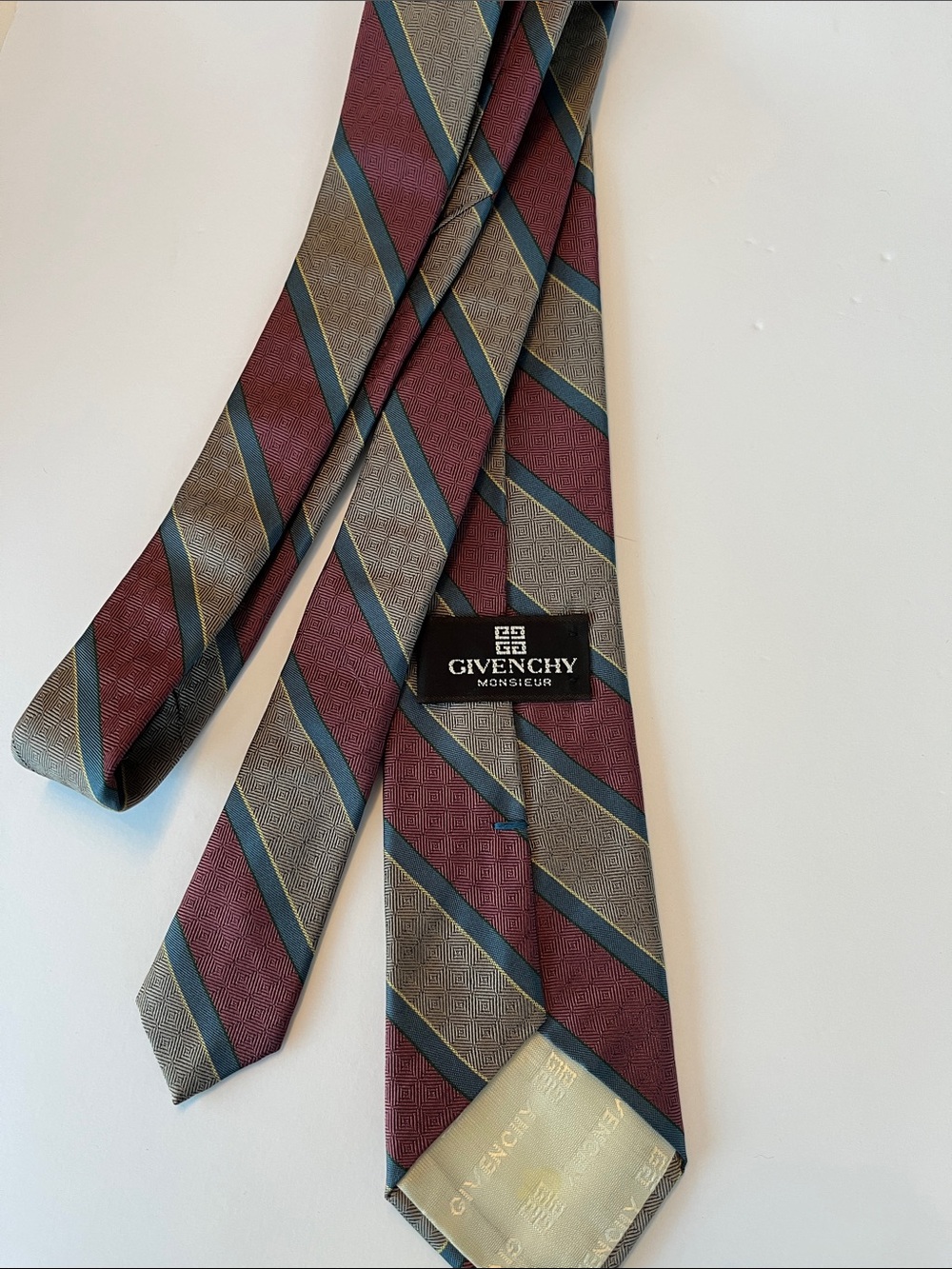 Givenchy Monseier Vintage Burgundy, Tan & Blue Diagonal Stripe Silk Tie